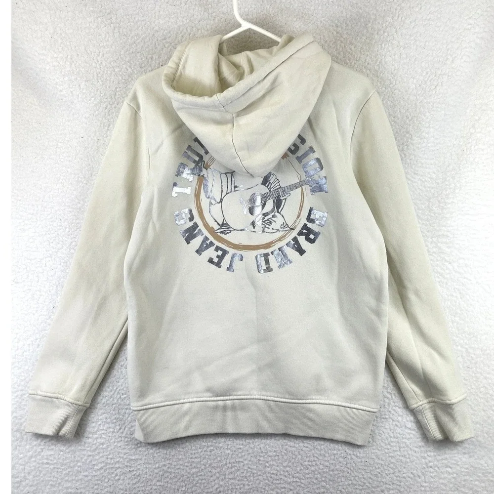 True Religion Buddha Graphic Full Zip Hoodie Mens S Cream Streetwear Y2K